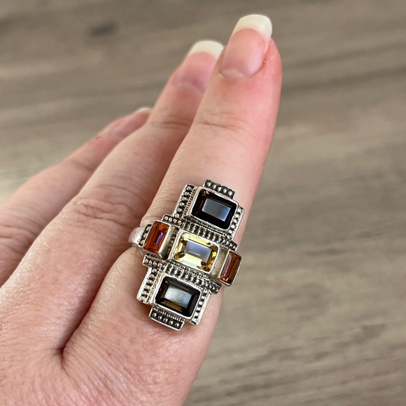Nicky Butler SS Smokey Quartz, Citrine, Honey Topaz Multi Gemstone Art Deco Ring - Picture 6 of 10